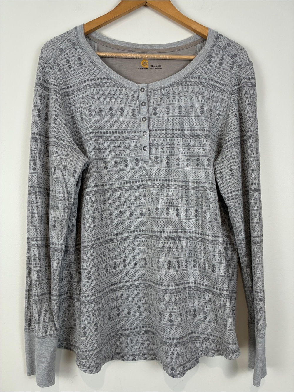 Carhartt XL (16/18) Light Gray Patterned Thermal Henley Long-Sleeve Top Work
